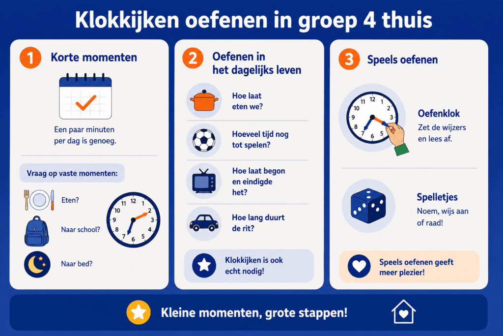 Infographic over thuis oefenen met klokkijken in groep 4 met korte oefenmomenten, dagelijkse situaties en speelse oefeningen.