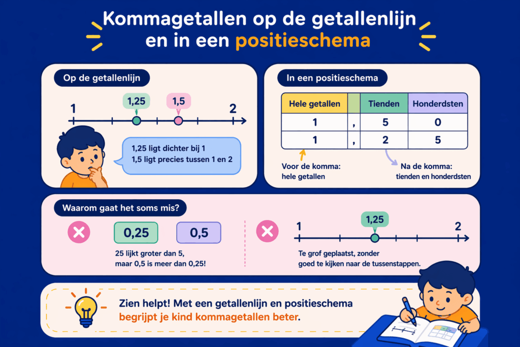 Infographic die laat zien hoe kommagetallen werken op een getallenlijn en in een positieschema met uitleg over plaatswaarde en veelgemaakte fouten