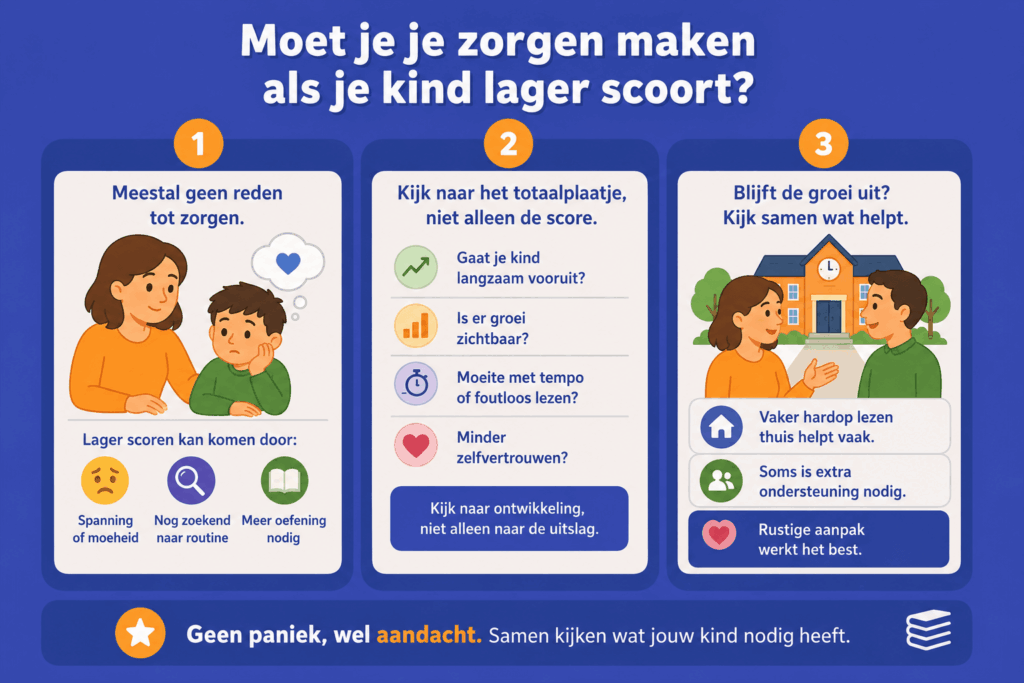 Infographic over een lagere AVI-score bij kinderen. De afbeelding laat zien dat een lagere score niet direct reden tot zorgen is. Met eenvoudige illustraties van ouder, kind en school wordt uitgelegd dat groei, oefening, zelfvertrouwen en rustige begeleiding belangrijker zijn dan één toetsuitslag.
