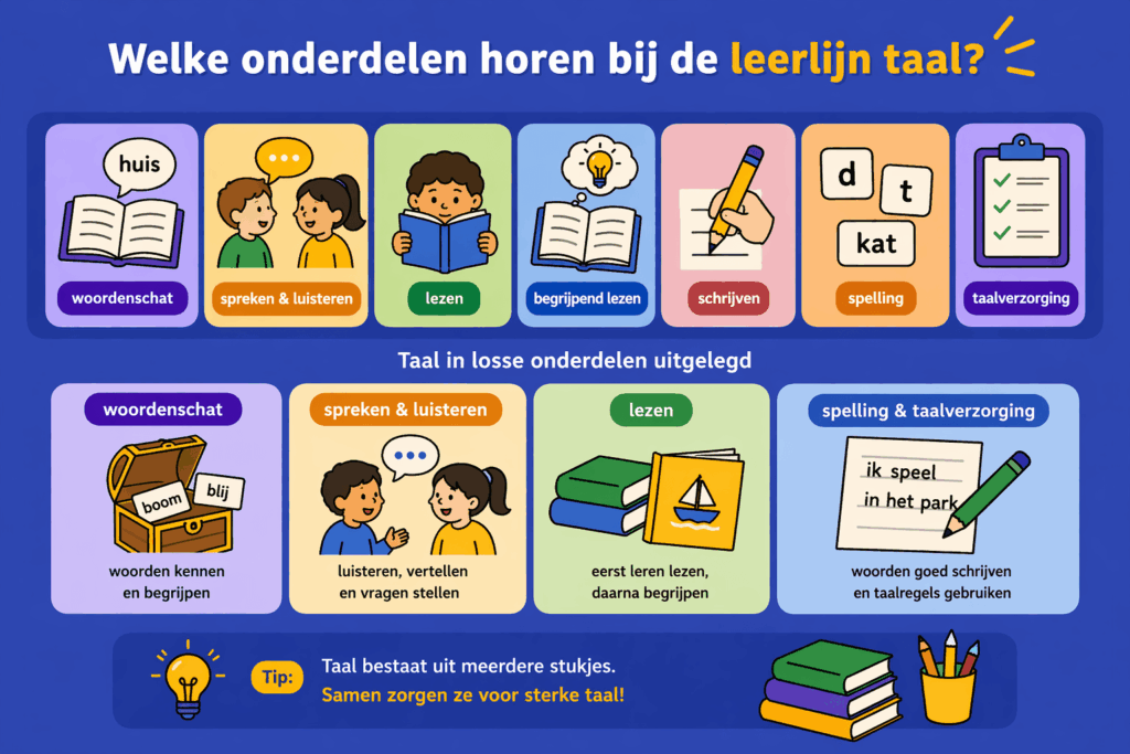 Infographic met overzicht van taalonderdelen zoals woordenschat, spreken en luisteren, lezen, begrijpend lezen, schrijven, spelling en taalverzorging, uitgelegd met eenvoudige illustraties voor kinderen