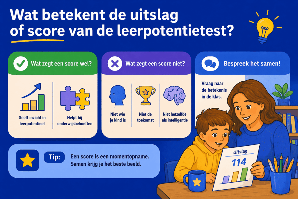 Overzichtelijke illustratie die uitlegt wat een score van de leerpotentietest wel en niet zegt, en waarom het belangrijk is om de uitslag samen met school te bespreken.