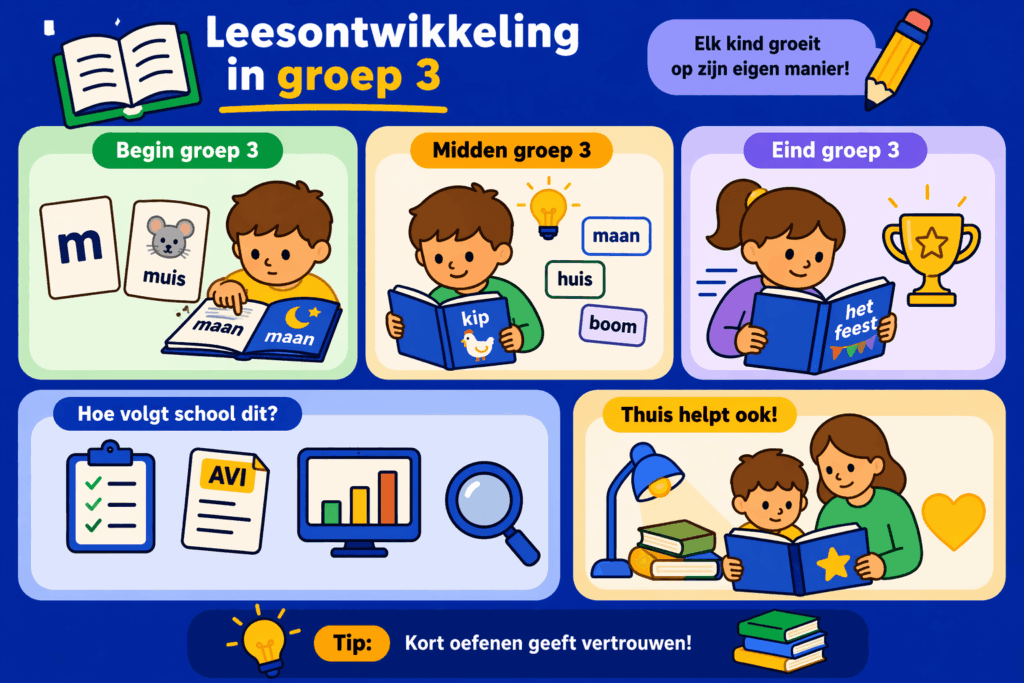 Educatieve illustratie die de leesontwikkeling in groep 3 laat zien van begin tot eind schooljaar, met aandacht voor letters en klanken, vlotter lezen, groei in zelfvertrouwen en rustig thuis oefenen.