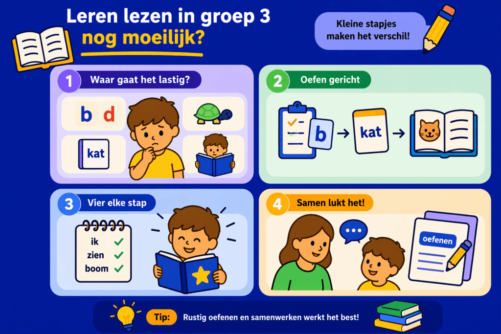 Educatieve illustratie over kinderen die moeite hebben met leren lezen in groep 3, met aandacht voor gerichte oefening, kleine stapjes vooruit, samen oefenen en hulp van school.