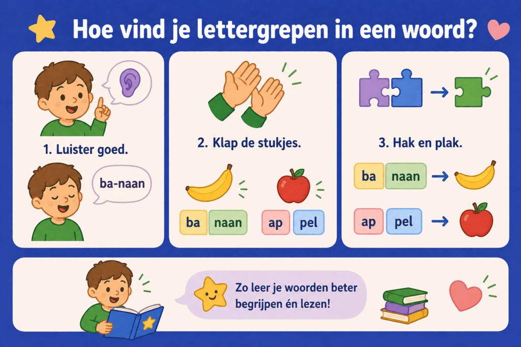 Infographic met simpele illustraties die laten zien hoe kinderen lettergrepen vinden door goed te luisteren, stukjes te klappen en woorden zoals banaan en appel op te delen.