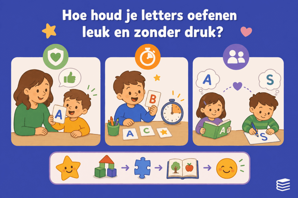 Infographic met eenvoudige illustraties van kinderen die spelenderwijs letters oefenen zonder druk, met korte oefenmomenten en een ontspannen leeromgeving