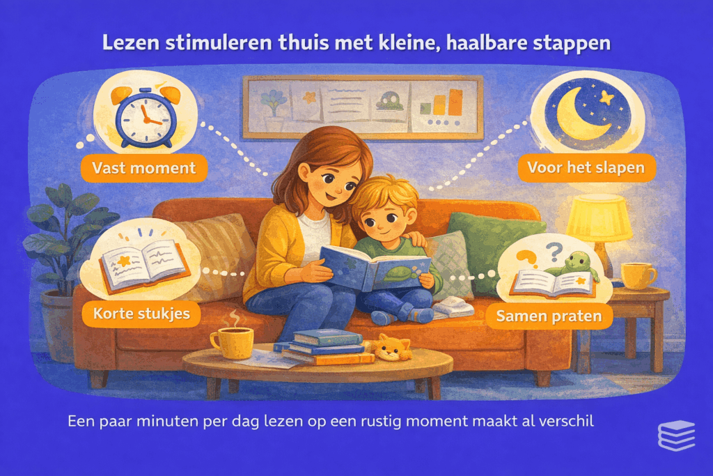 Illustratie van ouder en kind die samen lezen om leesvaardigheid thuis op een rustige manier te stimuleren