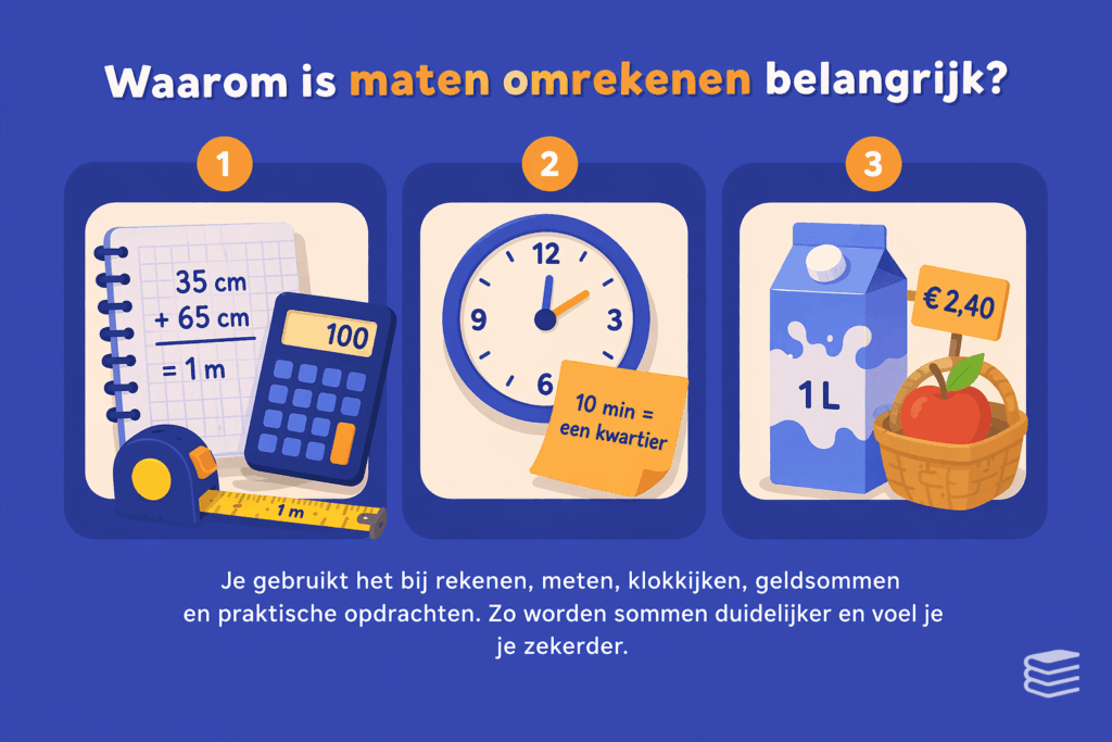 Infographic over maten omrekenen op de basisschool met illustraties van meten, tijd en geld die laten zien waar kinderen dit in de praktijk gebruiken