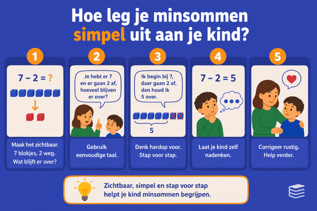 Infographic met eenvoudige tips om minsommen aan kinderen uit te leggen, zoals zichtbaar maken met blokjes, eenvoudige taal gebruiken en stap voor stap voordoen.