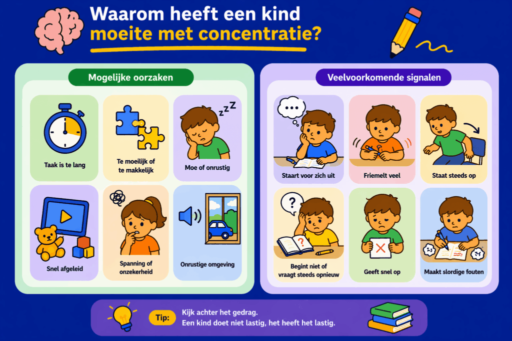 Educatieve illustratie die laat zien waardoor kinderen moeite kunnen hebben met concentratie, met aandacht voor afleiding, vermoeidheid, spanning en herkenbare signalen zoals friemelen, opstaan en slordige fouten maken.