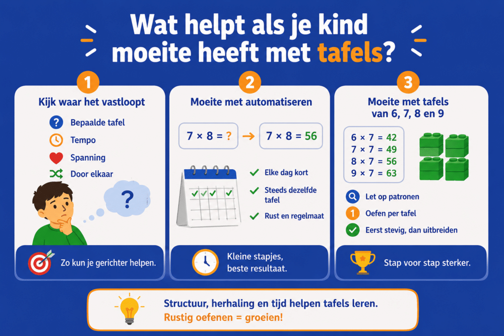 Infographic over wat helpt als een kind moeite heeft met tafels, met tips over herhaling, structuur, automatiseren en oefenen per tafel.