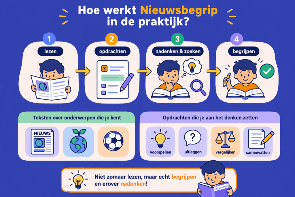 Infographic die laat zien hoe Nieuwsbegrip werkt met stappen zoals lezen, opdrachten maken, nadenken en teksten beter begrijpen