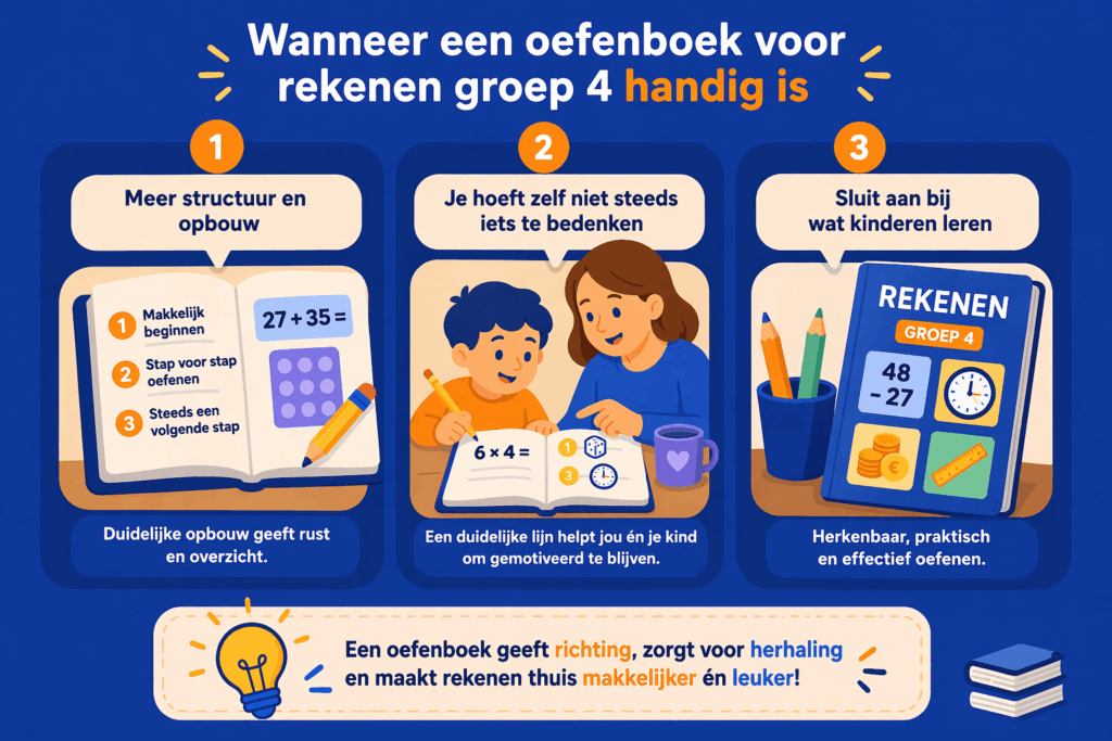 Infographic over wanneer een oefenboek voor rekenen in groep 4 helpt met structuur, stap voor stap oefenen en aansluiten bij wat kinderen op school leren