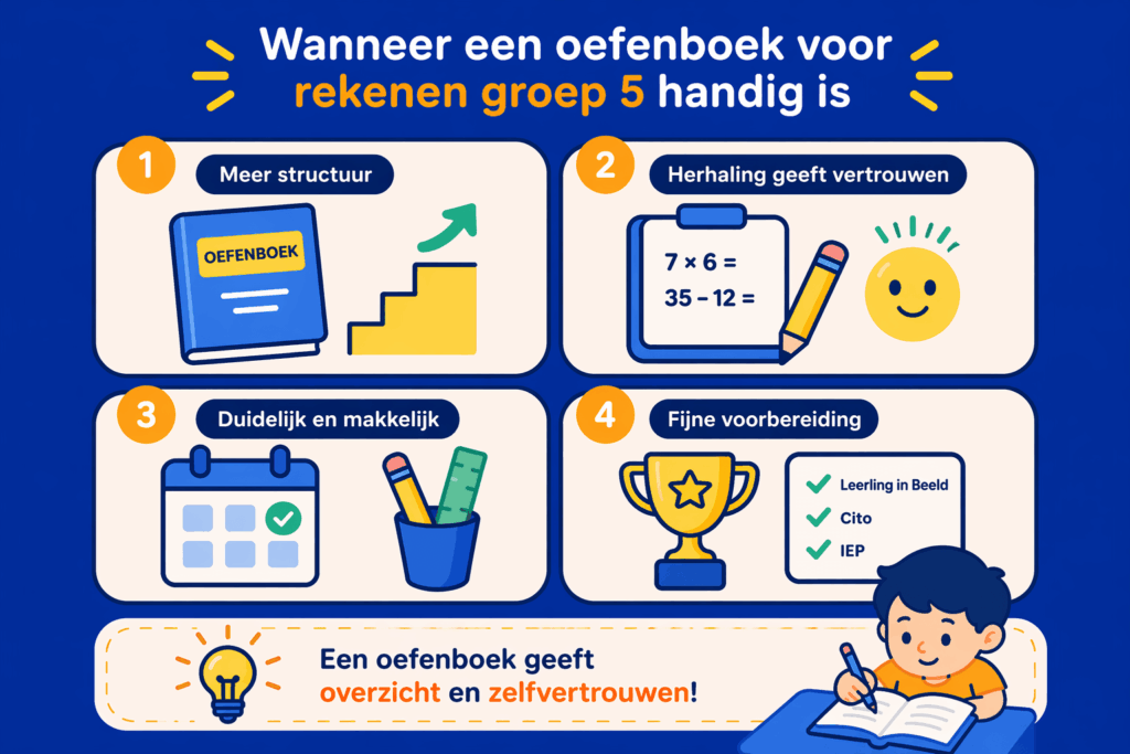Infographic over wanneer een oefenboek voor rekenen in groep 5 helpt met structuur, herhaling en voorbereiding op toetsen