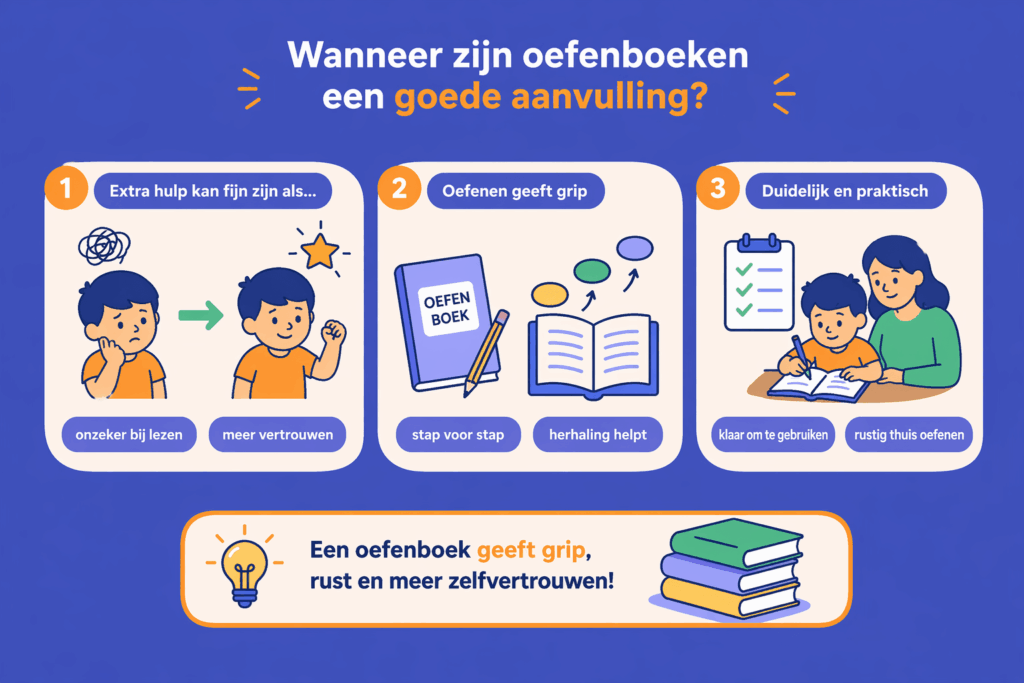Infographic over wanneer oefenboeken helpen met extra structuur, herhaling en meer zelfvertrouwen bij begrijpend lezen