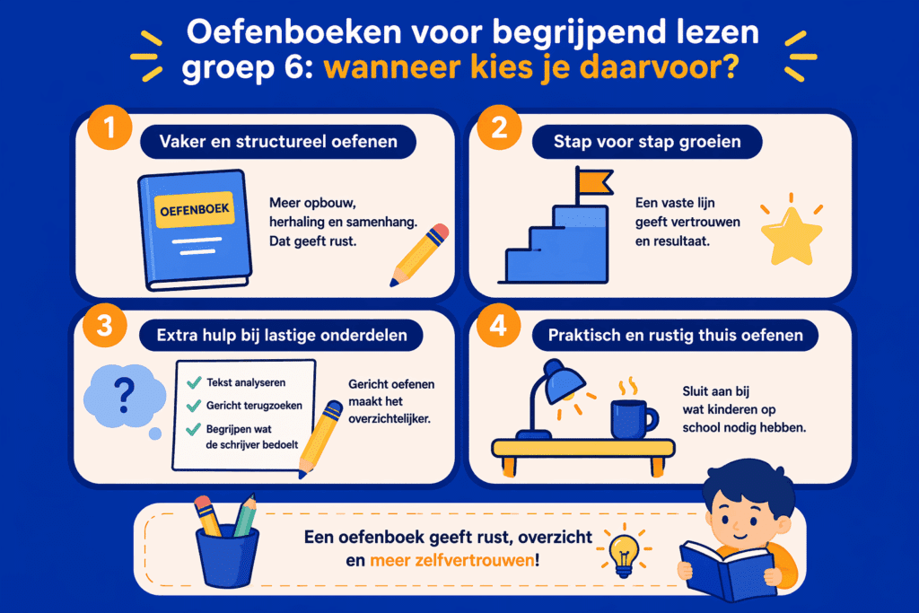 Infographic over wanneer een oefenboek voor begrijpend lezen in groep 6 helpt met structuur, herhaling en stap voor stap oefenen