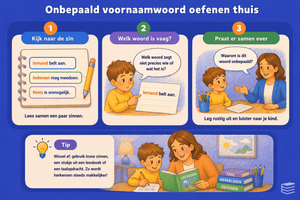 Educatieve illustratie waarin ouder en kind samen oefenen met onbepaalde voornaamwoorden door zinnen te lezen, het vage woord te herkennen en er samen over te praten.