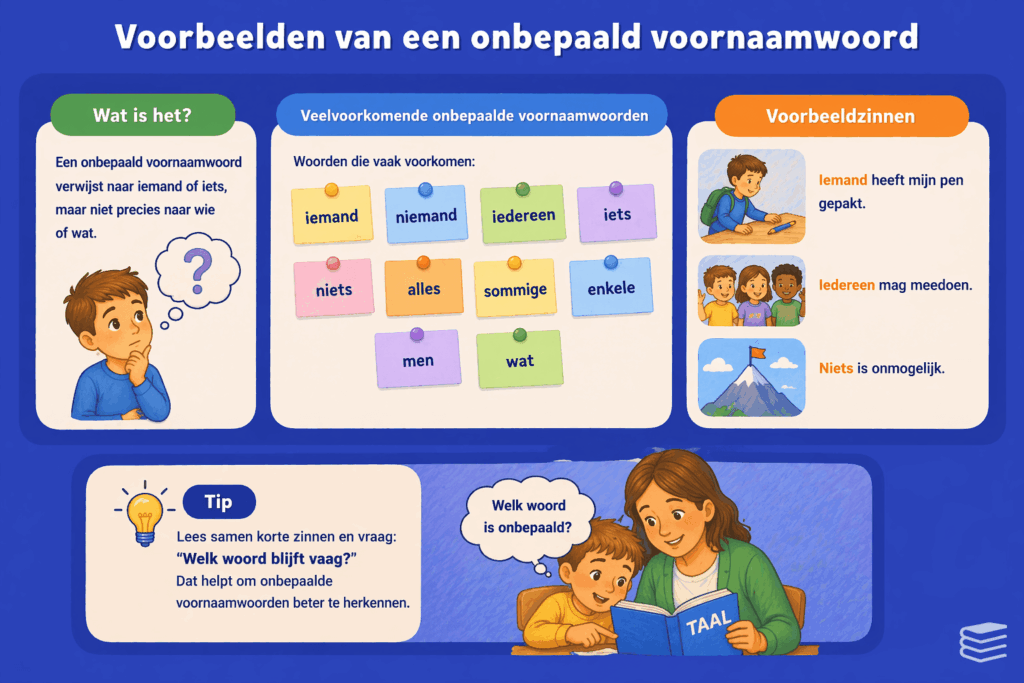 Educatieve illustratie met voorbeelden van onbepaalde voornaamwoorden zoals iemand, niemand en iedereen, met voorbeeldzinnen om kinderen te helpen het begrip beter te begrijpen.