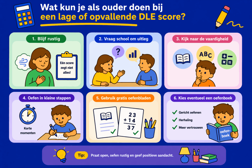 Educatieve illustratie die laat zien wat ouders kunnen doen bij een lage of opvallende DLE score, met aandacht voor rustig blijven, school om uitleg vragen, gericht oefenen, gratis oefenbladen gebruiken en positieve ondersteuning thuis.