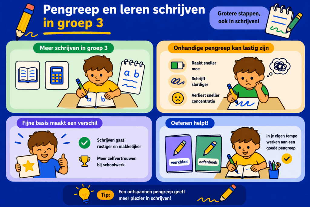 Educatieve illustratie die laat zien waarom een goede pengreep in groep 3 helpt bij leren schrijven, met aandacht voor minder spanning, meer controle, meer zelfvertrouwen en rustig oefenen met werkbladen of een oefenboek.