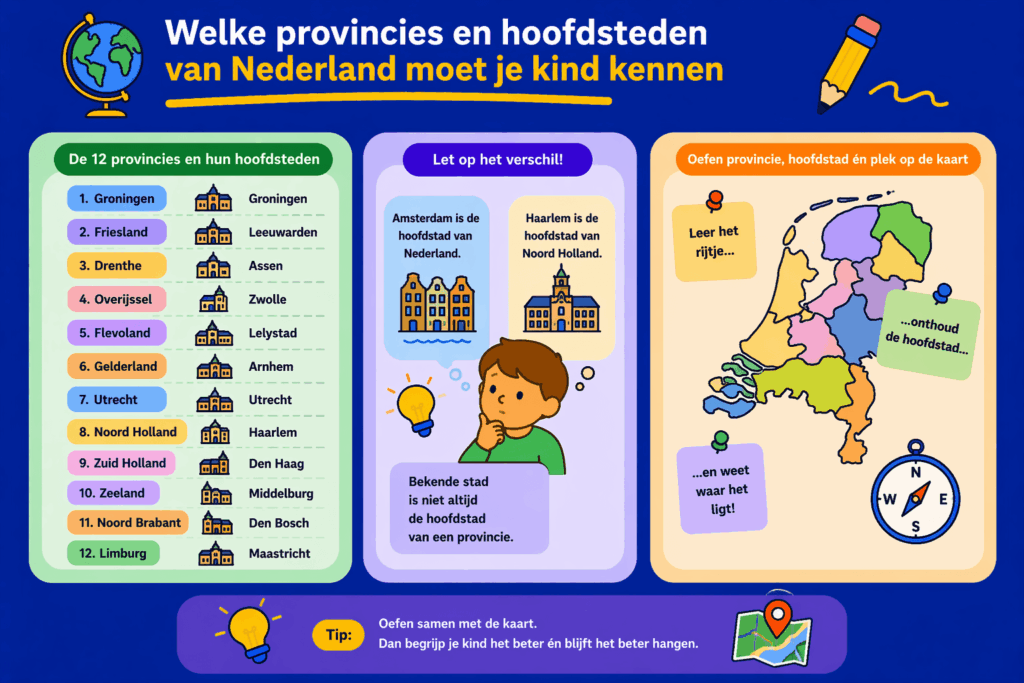 Educatieve illustratie die laat zien welke provincies en provinciehoofdsteden van Nederland kinderen leren, met aandacht voor kaartkennis en het verschil tussen bekende steden en hoofdsteden.