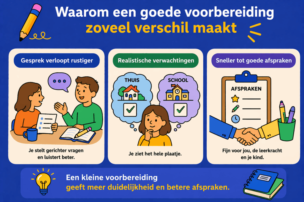 Infographic over het voorbereiden van een rapportgesprek met visuele uitleg over rustiger gesprekken, realistische verwachtingen en het maken van duidelijke afspraken tussen ouders en school