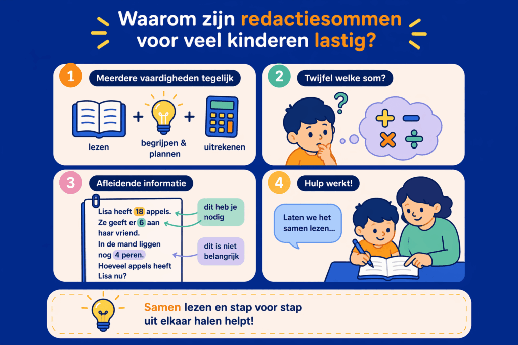 Infographic die laat zien waarom redactiesommen lastig zijn voor kinderen zoals lezen combineren met rekenen, kiezen van de juiste bewerking en omgaan met afleidende informatie