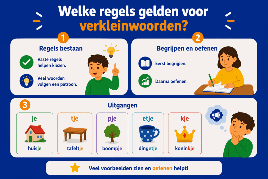 Infographic over verkleinwoorden met eenvoudige uitleg over uitgangen zoals je, tje, pje, etje en kje, inclusief voorbeelden voor kinderen.