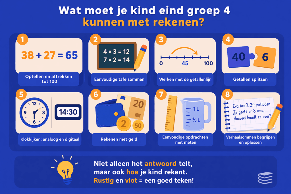 Infographic met rekenvaardigheden voor eind groep 4 zoals optellen en aftrekken tot 100, tafels, klokkijken, geld en meten overzichtelijk weergegeven