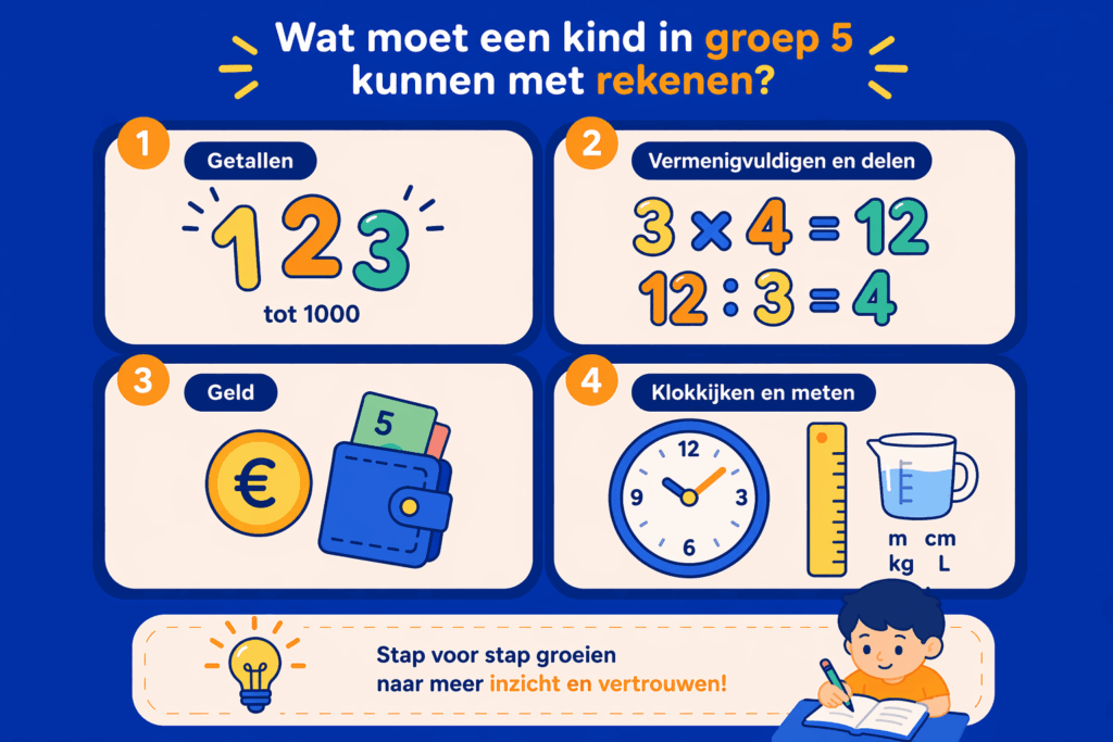 Infographic met belangrijkste rekenvaardigheden in groep 5 zoals getallen tot 1000, vermenigvuldigen, delen, geld, klokkijken en meten overzichtelijk weergegeven