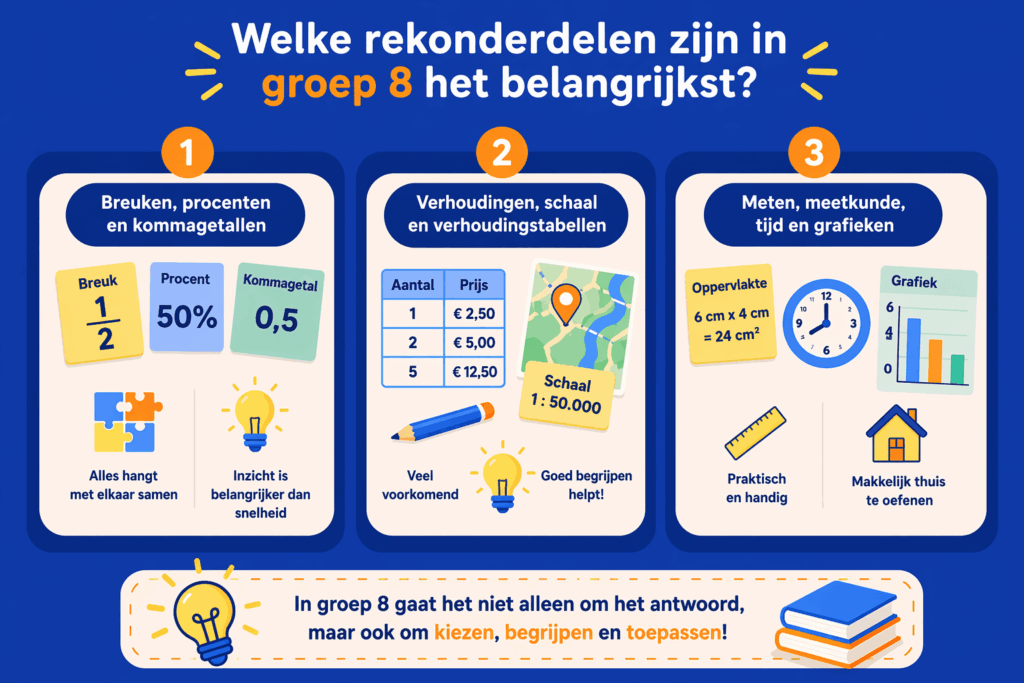 Infographic met belangrijkste rekenonderdelen in groep 8 zoals breuken, procenten, verhoudingen, meten en grafieken eenvoudig weergegeven