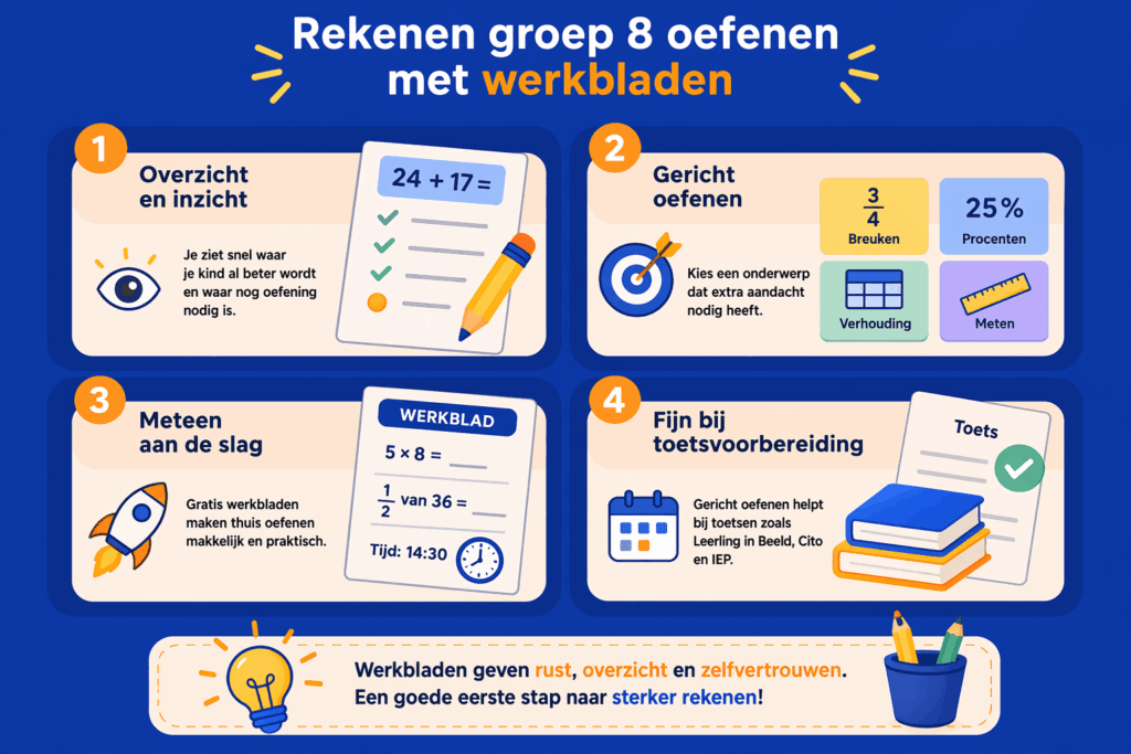 Infographic over oefenen met werkbladen voor rekenen in groep 8 met voordelen zoals overzicht, gericht oefenen en voorbereiding op toetsen