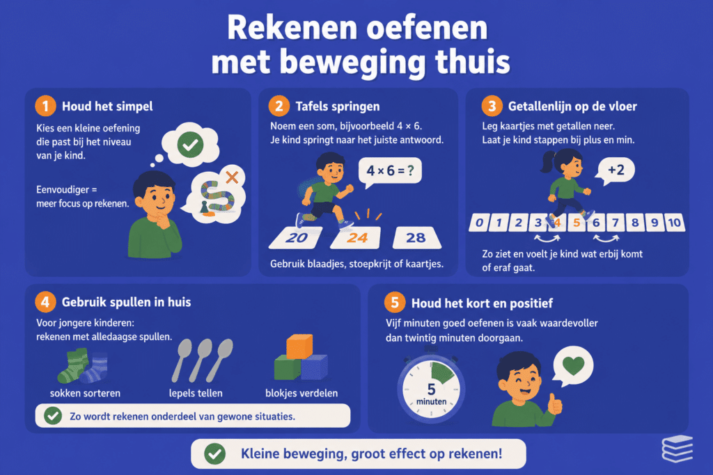 Educatieve illustratie met voorbeelden van bewegend rekenen thuis, zoals tafels springen, oefenen met een getallenlijn op de vloer en rekenen met spullen uit huis. De afbeelding laat zien hoe kinderen op een actieve en speelse manier kunnen oefenen met rekenen.