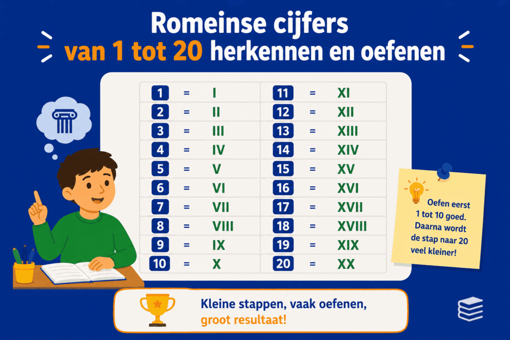 Infographic met een overzicht van Romeinse cijfers van 1 tot 20, bedoeld om kinderen stap voor stap te helpen oefenen met herkennen en lezen.