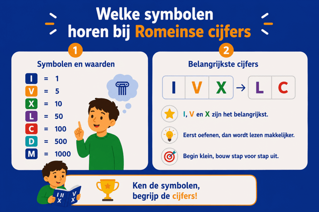 Infographic over Romeinse cijfers met de belangrijkste symbolen en waarden, zoals I, V, X, L, C, D en M, uitgelegd voor kinderen.