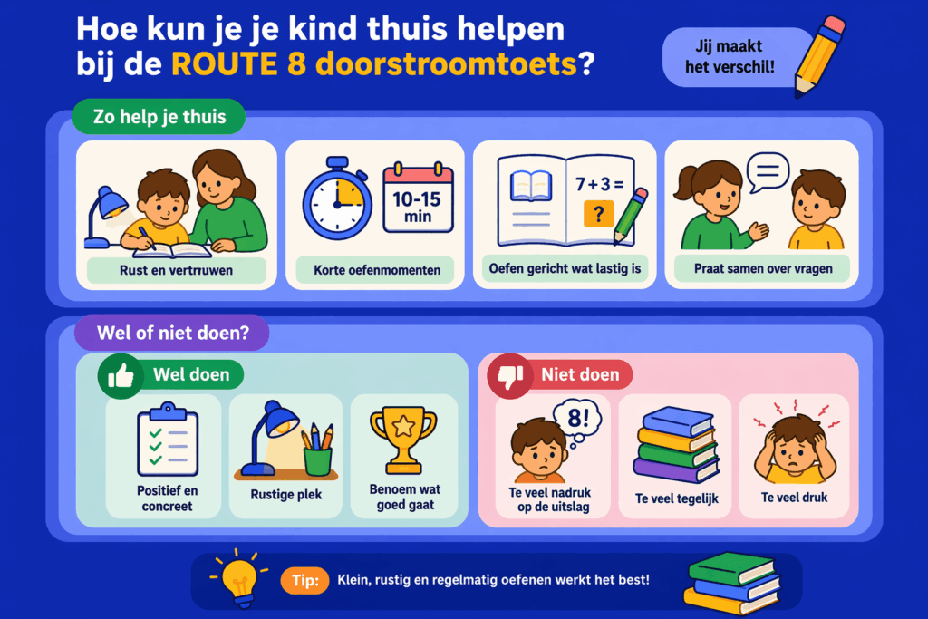 Illustratie bij een blog over de ROUTE 8 doorstroomtoets met uitleg over hoe de toets werkt, wat de uitslag betekent en hoe ouders hun kind thuis rustig kunnen ondersteunen met oefenen.