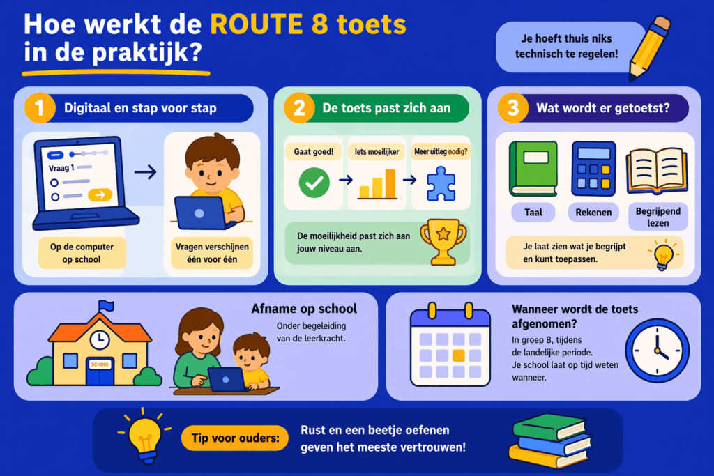 Educatieve illustratie die laat zien hoe de ROUTE 8 toets digitaal op school wordt afgenomen, hoe de vragen zich aanpassen aan het niveau van het kind en welke onderdelen worden getoetst.
