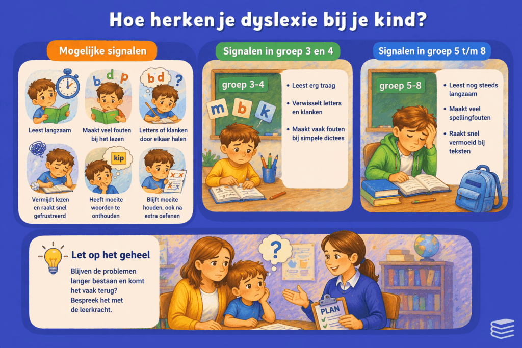 Overzichtelijke illustratie van signalen van dyslexie bij kinderen in de basisschool met voorbeelden van leesproblemen in groep 3 tot en met 8 en wanneer extra hulp nodig kan zijn.