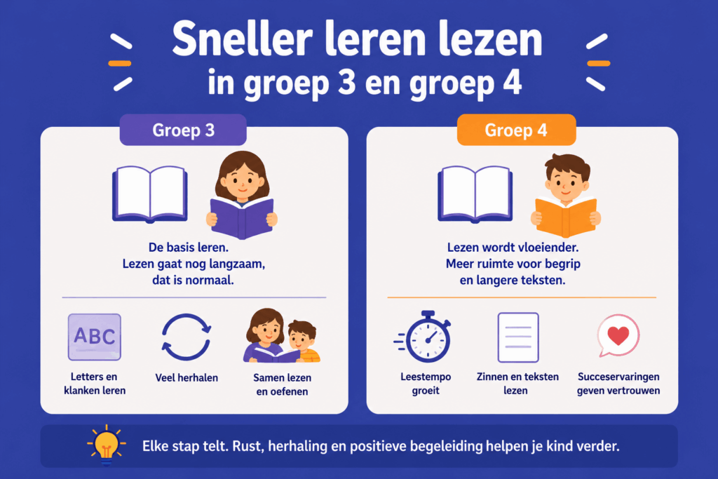 Eenvoudige infographic over sneller leren lezen in groep 3 en groep 4, met uitleg over beginnend lezen, herhalen, leestempo en samen oefenen.
