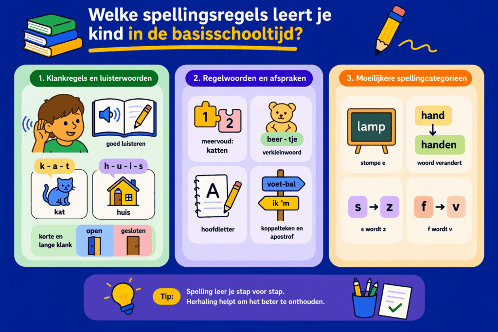 Educatieve illustratie die laat zien welke spellingsregels kinderen in de basisschooltijd leren, met aandacht voor klankregels, luisterwoorden, regelwoorden en moeilijkere spellingcategorieën in hogere groepen.