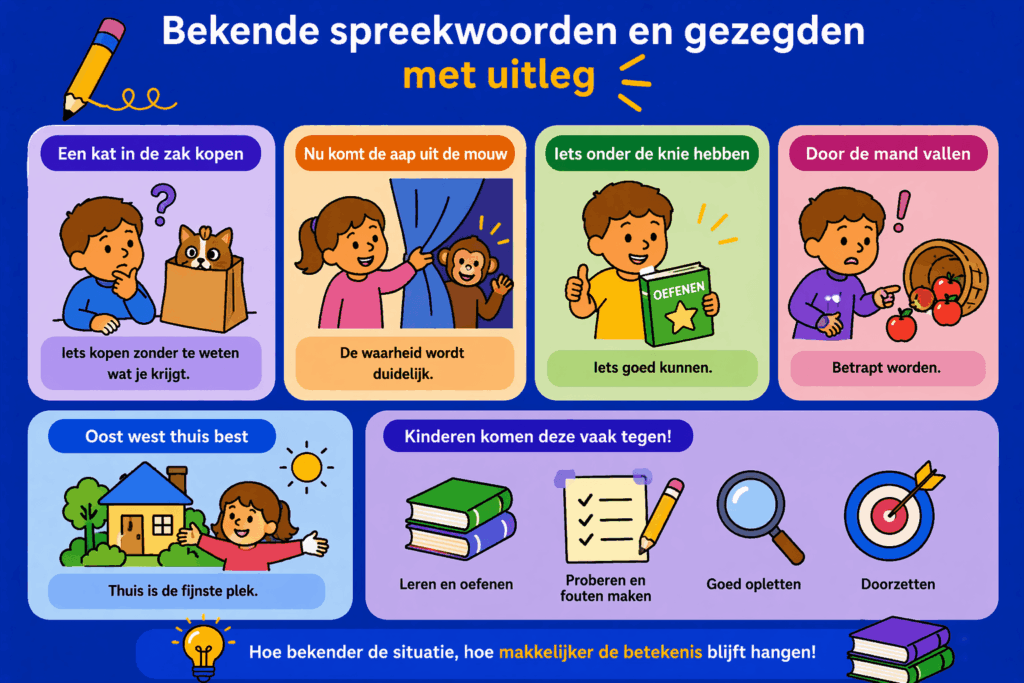 Infographic met voorbeelden van spreekwoorden en gezegden zoals een kat in de zak kopen en door de mand vallen, met eenvoudige uitleg zodat kinderen figuurlijk taalgebruik beter begrijpen