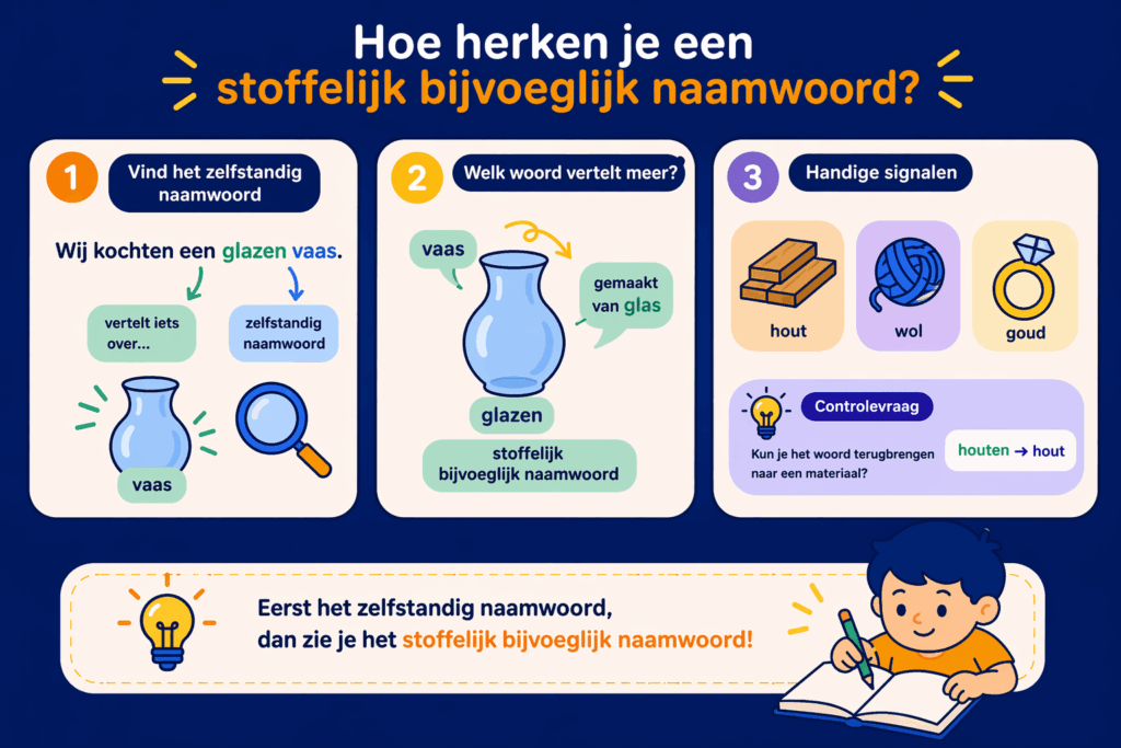 Infographic met uitleg hoe je een stoffelijk bijvoeglijk naamwoord herkent met voorbeelden zoals glas, hout en wol en eenvoudige visuele stappen