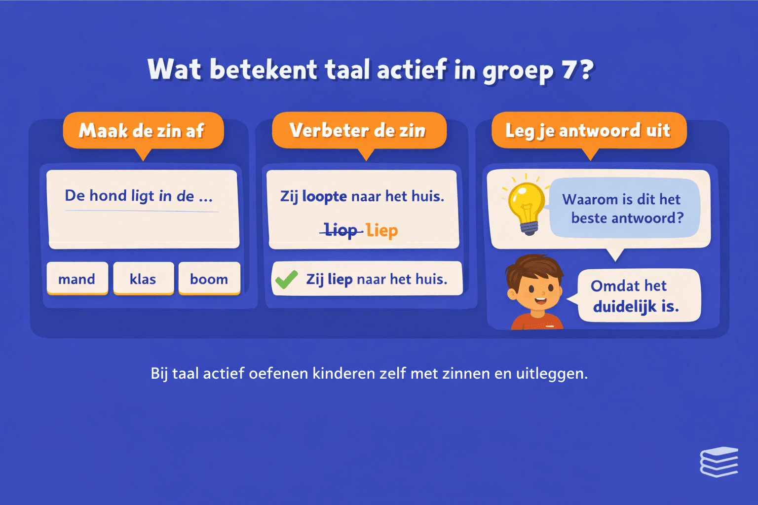 Educatieve afbeelding voor taal actief in groep 7 met drie opdrachten: een zin afmaken, een foutieve zin verbeteren en uitleggen waarom een antwoord past.