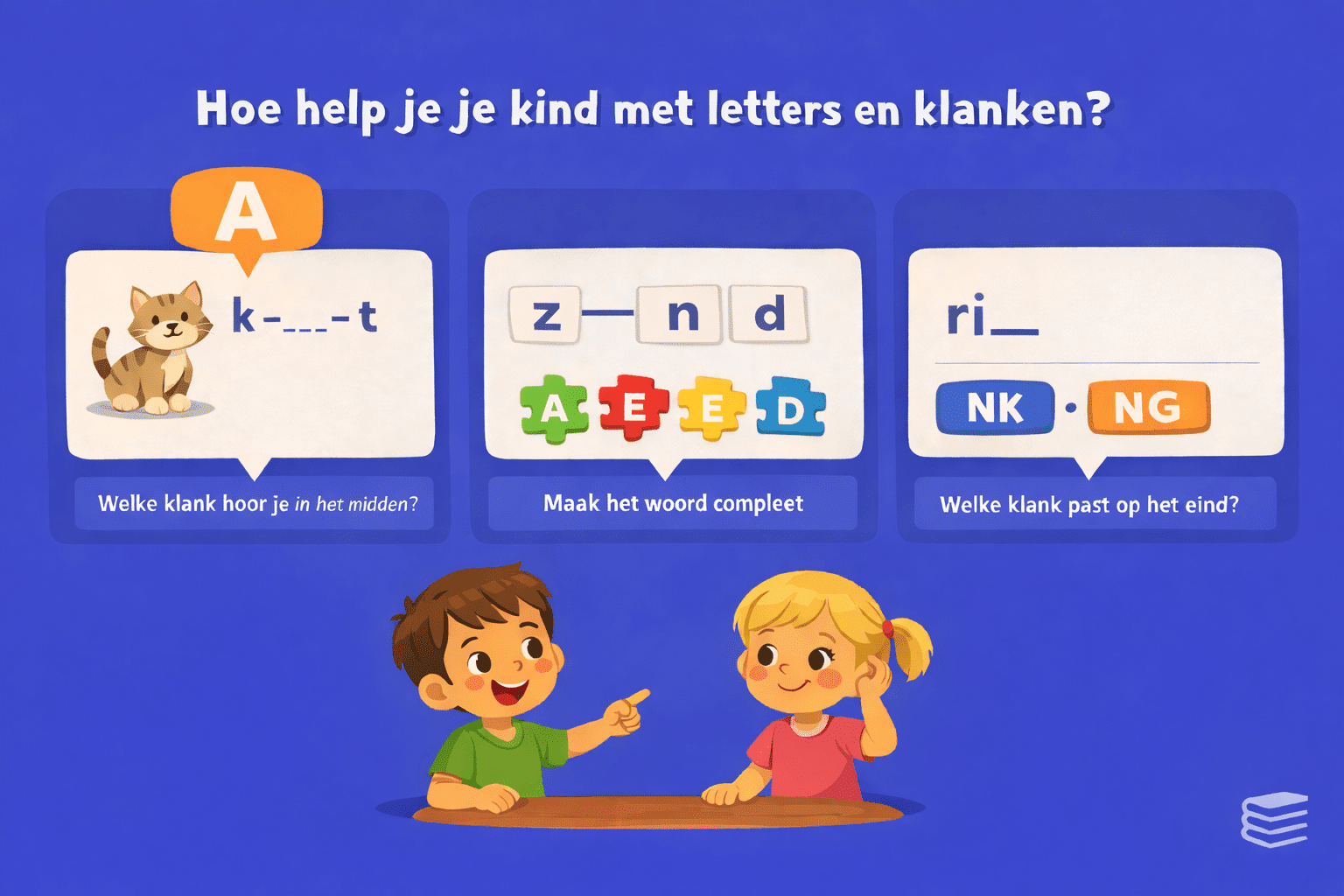 Illustratie met oefeningen voor taal groep 3 waarbij kinderen letters en klanken herkennen, een woord aanvullen en de juiste eindklank kiezen
