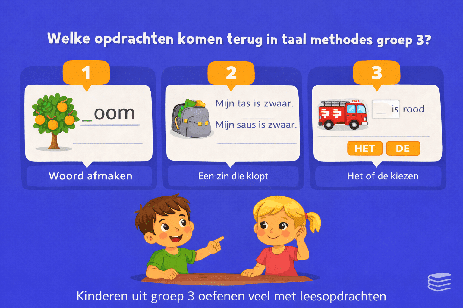 Illustratie met taal opdrachten voor groep 3 zoals woord afmaken, zinnen beoordelen en het juiste lidwoord kiezen bij een woord