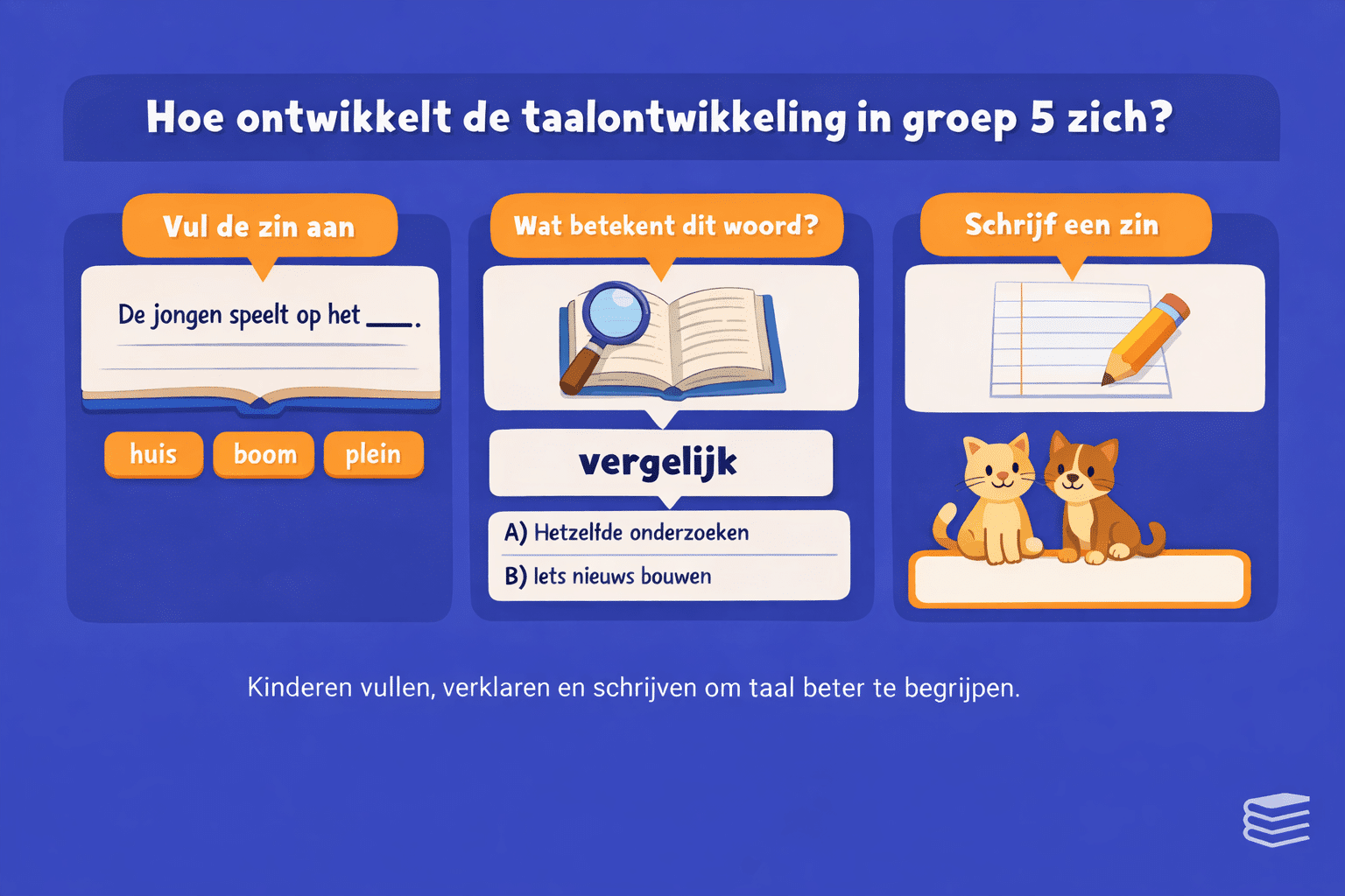 Opdracht voor taal groep 5 waarin kinderen een zin aanvullen, woordenschat uitleggen en zelf een zin schrijven