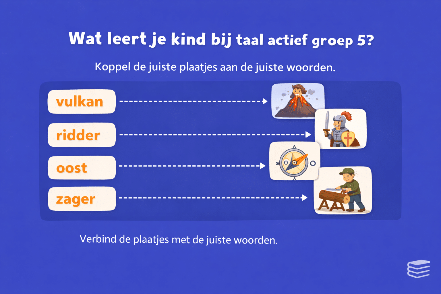 Oefening voor taal groep 5 waarin kinderen woordenschat oefenen door woorden zoals vulkan en ridder te koppelen aan de juiste afbeeldingen