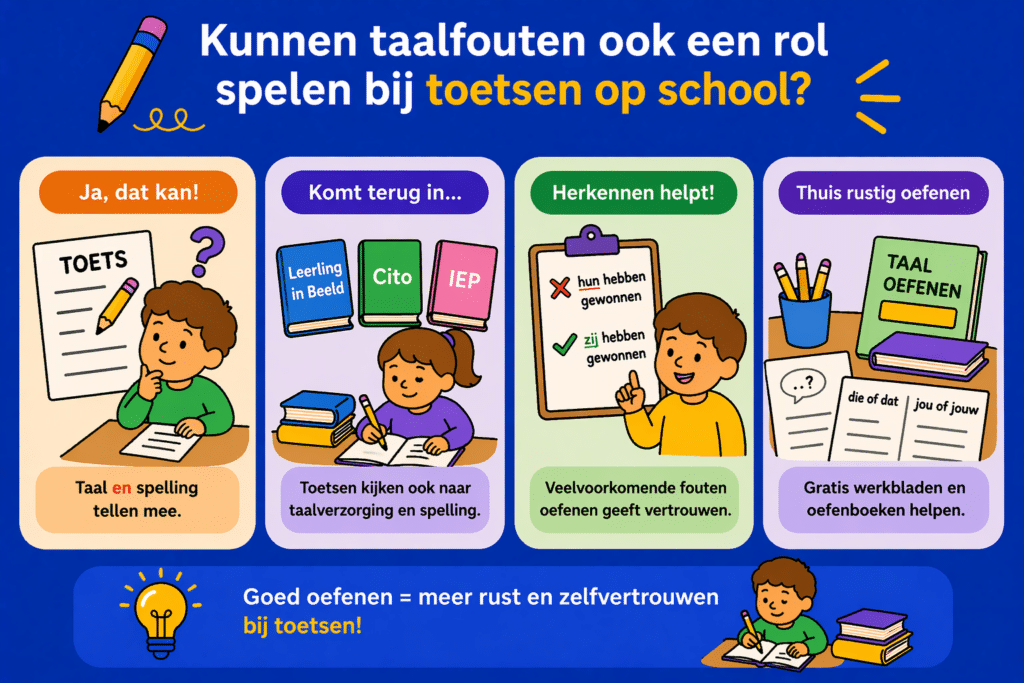 Infographic over de rol van taalfouten bij toetsen met aandacht voor spelling, taalverzorging, het herkennen van fouten en het belang van rustig oefenen met werkbladen en oefenboeken