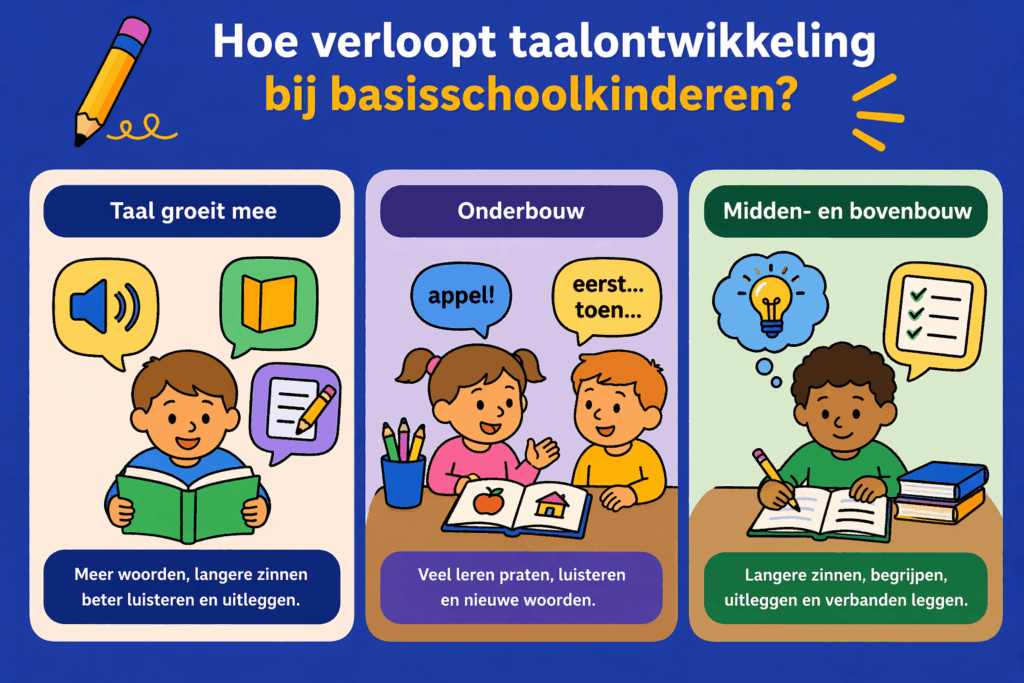 Infographic over taalontwikkeling bij basisschoolkinderen met visuele uitleg over groei in woordenschat, zinsvorming, luisteren en taalgebruik in onderbouw en bovenbouw