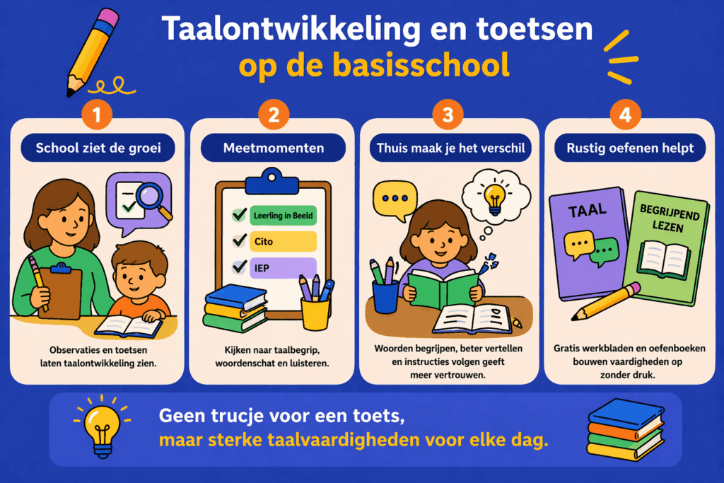 Infographic over taalontwikkeling en toetsen op de basisschool met visuele uitleg over observaties, meetmomenten zoals Cito en IEP en het belang van oefenen met taalvaardigheden