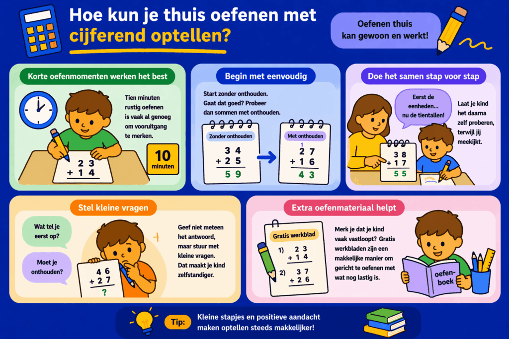 Educatieve illustratie die laat zien hoe kinderen thuis kunnen oefenen met cijferend optellen met korte oefenmomenten, eenvoudige sommen, stap voor stap uitleg en extra oefenmateriaal.